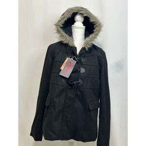 Yoki Black Wool Blend Toggle Coat Faux‎ Fur Hooded Jacket 1XL Womens